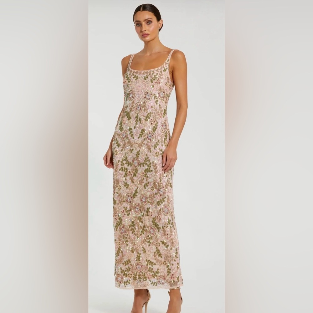 Mac Duggal Blush Pink & Olive Sequin Floral Midi Dress